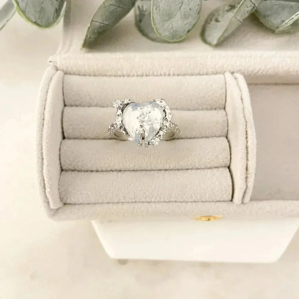 925 Sterling Silver Crystal Heart Ring Geometric Modern Heart Ring Adjustable - Picture 3 of 11